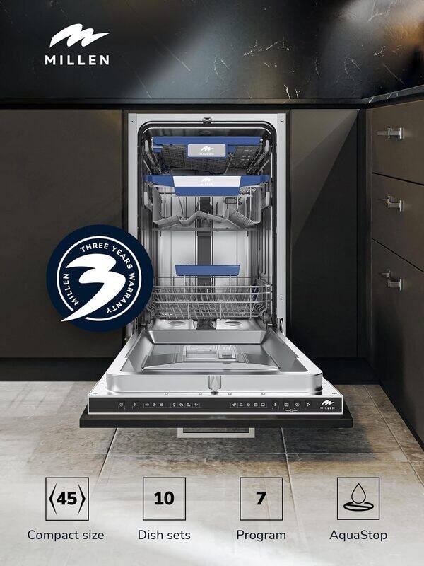 MILLEN Built-in Dishwasher 45cm - Compact and Efficient, Auto Open, Indicator,AquaStop, 3Y Warranty, MDW 45731